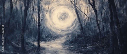 Obraz na płótnie A painting of a forest with a large white circle in the middle w salonie