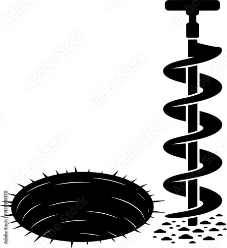 Black and White Soil Auger Silhouette Beside Circular Digging Hole