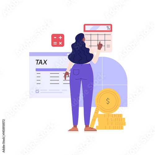 Tax calculation. People pay taxes with calculator. Financial administration service. Set of financial management, debt, duty, audit and accounting. Vector illustration for UI, banner