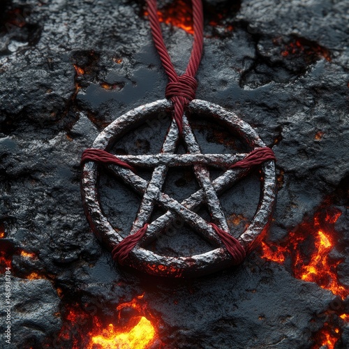 Quadro su tela A pentagram with red strings tied around it, on a black background of lava and rocks, with a metallic material, a pentacle circle badge design, 3D rendering