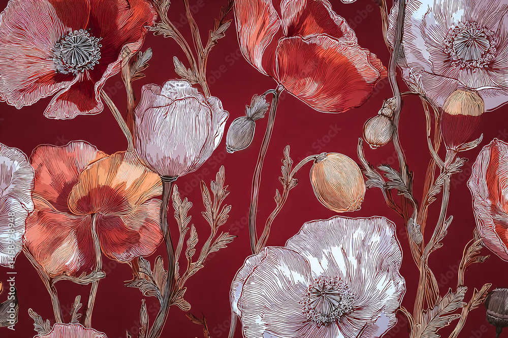 Papier peint avec motif coquelicots