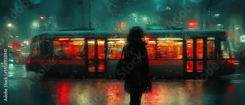 Rainy night tram stop solitude