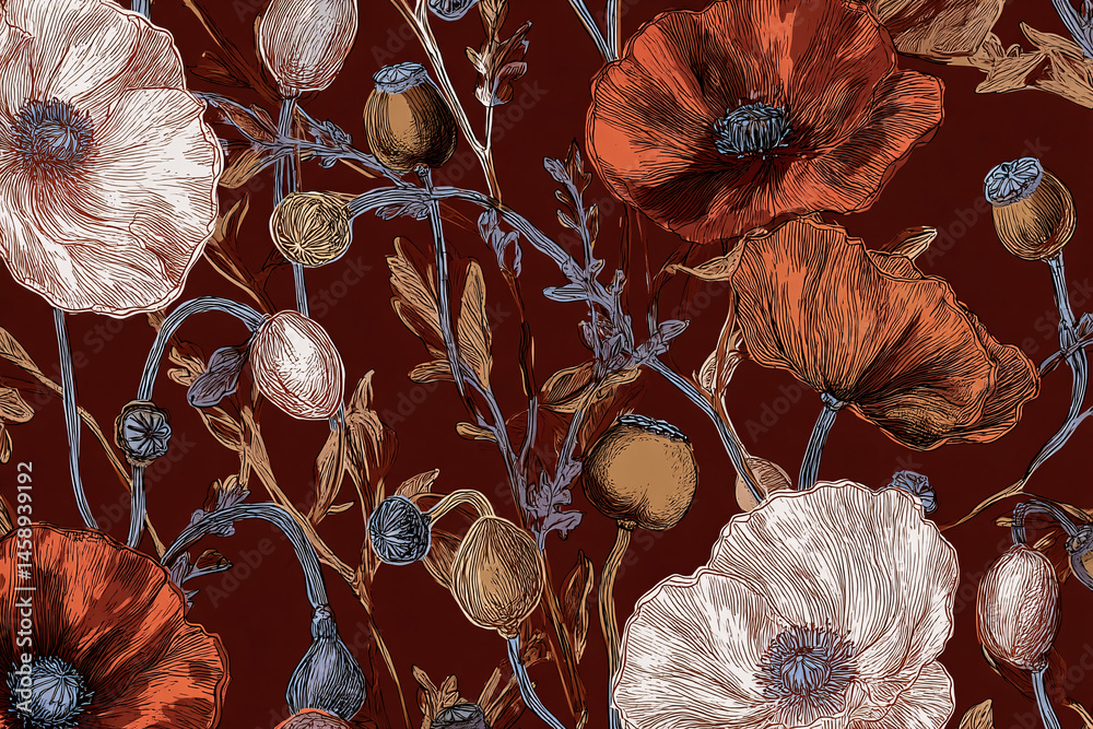 Papier peint avec motif coquelicots