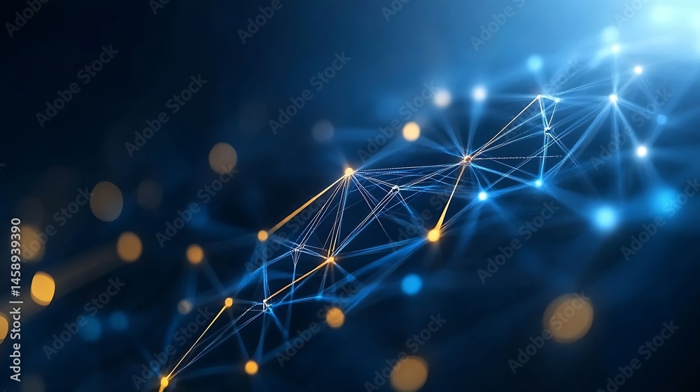 Abstract network connection, glowing nodes and lines, digital technology concept. Blue and gold hues, futuristic design, ideal for tech backgrounds. : Generative AI Abstract network connection, glowing nodes and lines, digital technology concept. Blue and gold hues, futuristic design, ideal for tech backgrounds. : Generative AI