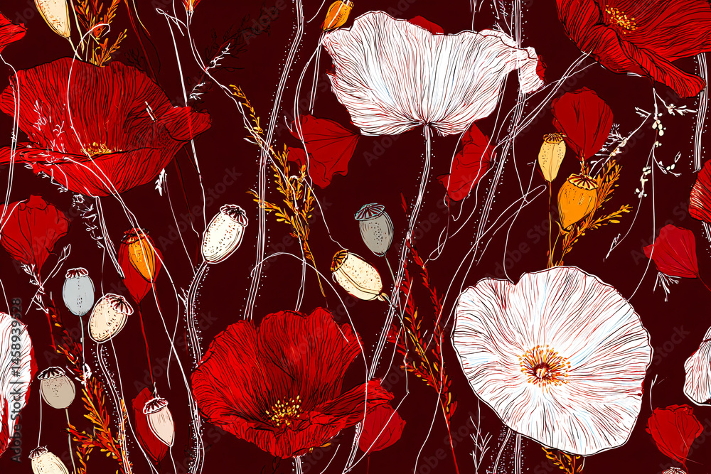 Papier peint avec motif coquelicots