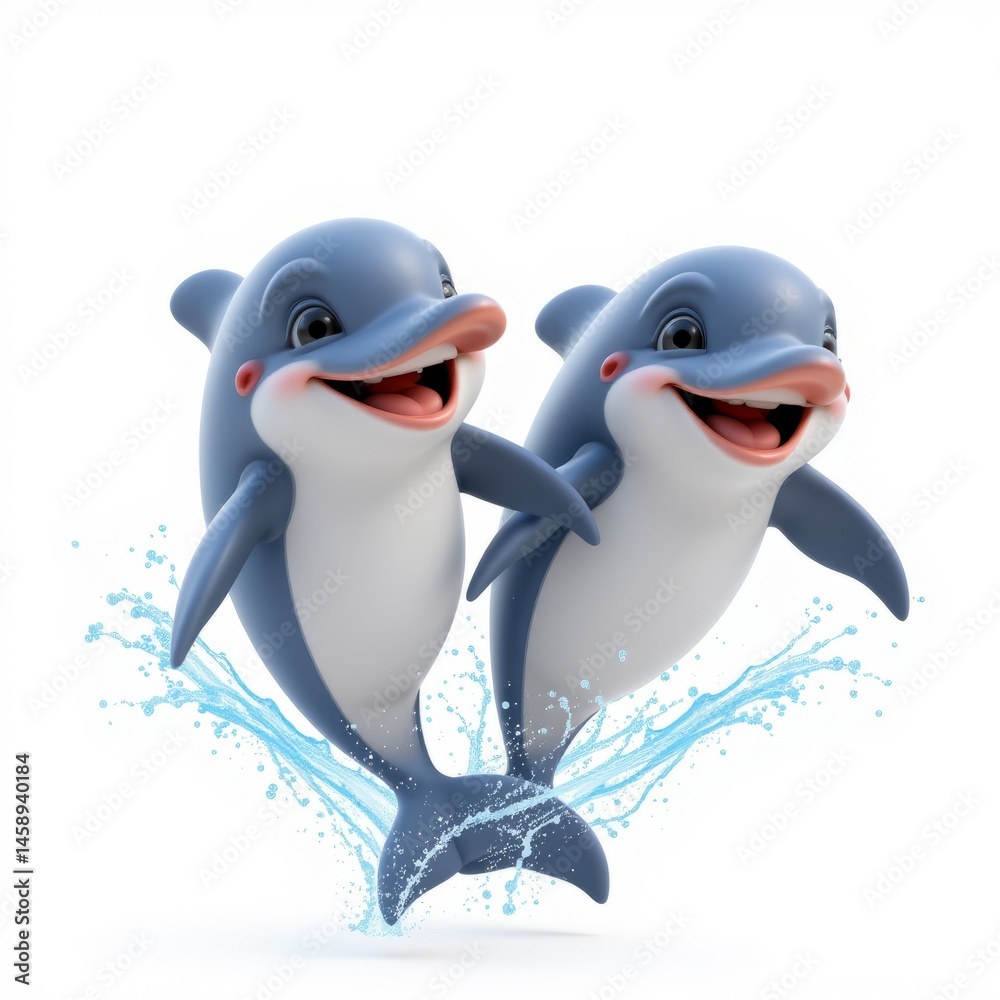 Naklejka premium Cartoon 3D style, two dolphins in the air jumping out of the sea, clean white background