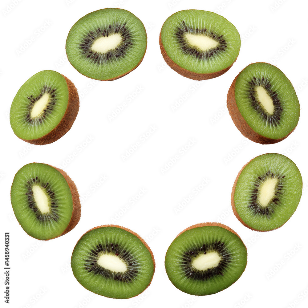 Fototapeta premium Fresh kiwi slices arranged in a circular pattern on a white isolated background, showcasing vibrant green flesh and brown skin, perfect for healthy eating themes.