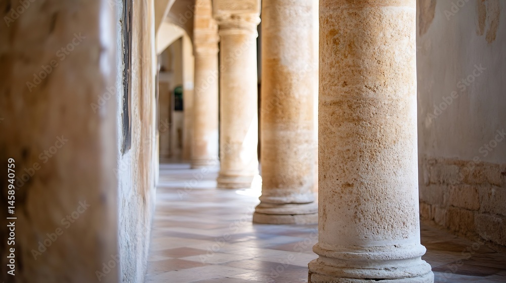 Sunlit stone columns line a weathered hallway, creating a sense of history and tranquility within an ancient building's architecture. : Generative AI Sunlit stone columns line a weathered hallway, creating a sense of history and tranquility within an ancient building's architecture. : Generative AI