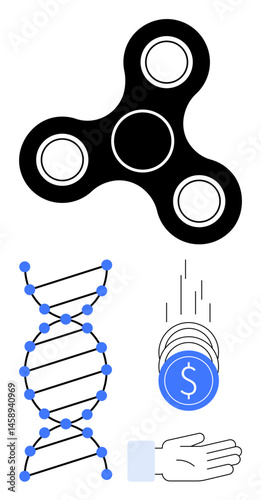 DNA strand emphasizes research, fidget spinner symbolizes creativity, coins with hand highlight funding flow. Ideal for science research, technology, education, funding presentations, startup