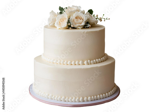 Elegant two-tier wedding cake with white roses