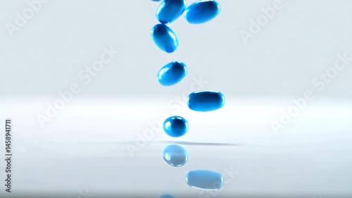 Blue pills falling on a white table