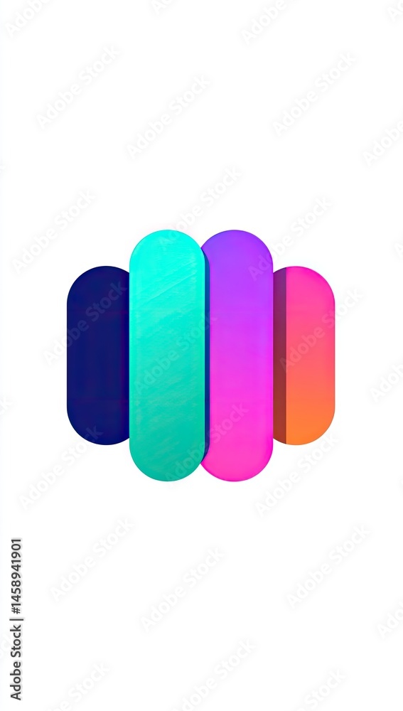 Abstract, colorful, overlapping geometric shapes. Three, vibrant, oval-like forms arranged in a stacked pattern against a white background Abstract, colorful, overlapping geometric shapes. Three, vibrant, oval-like forms arranged in a stacked pattern against a white background