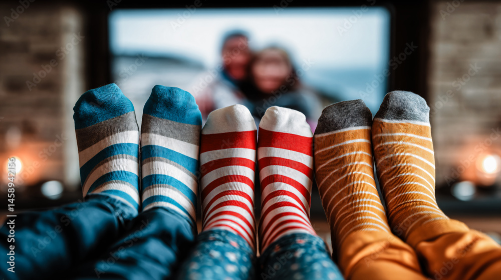Pieds avec chaussettes rayés alignés devant la télé