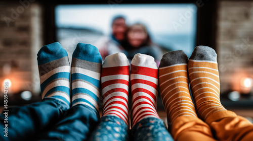 Obraz na płótnie Pieds avec chaussettes rayés alignés devant la télé w salonie