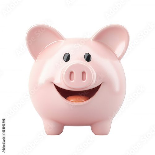 Smiling pink piggy bank on a white isolated background, symbolizing saving money, financial planning, and investment strategies for personal and business finance.