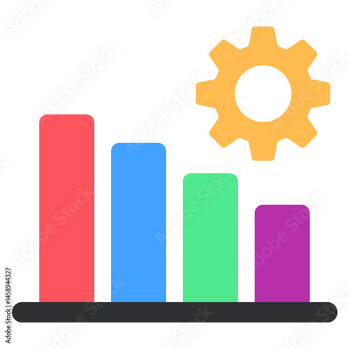 Decreasing Bar Chart with Gear Icon Business Performance, Data Analysis, Settings, Optimization, Decline