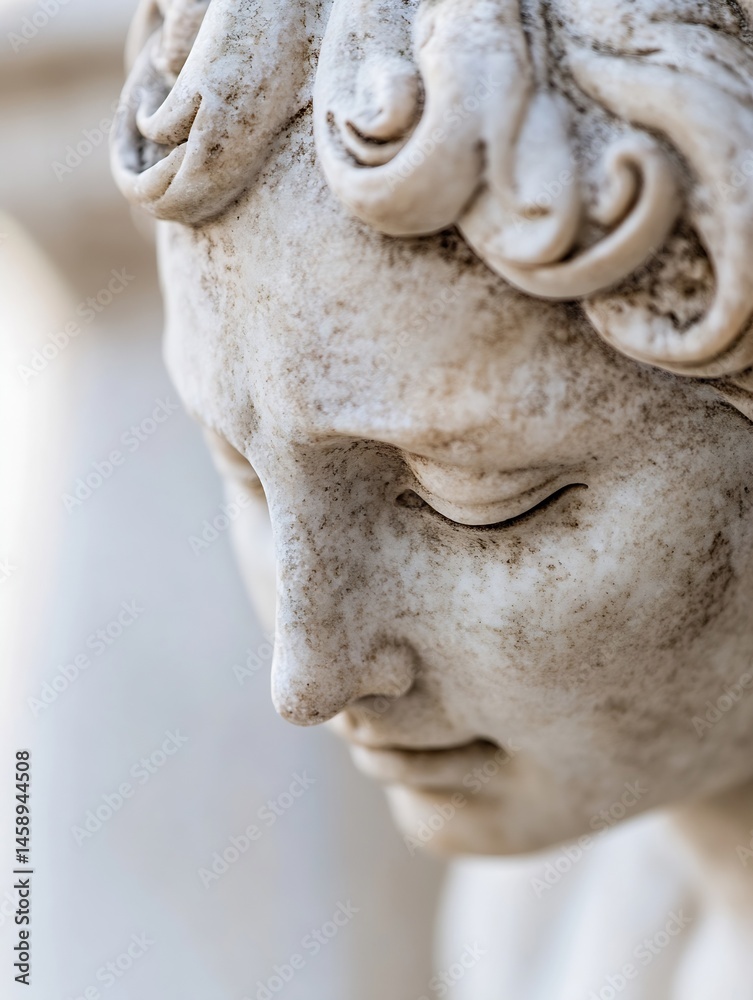 Close-up view of an aged marble statue's face, showcasing detailed carving and subtle discoloration, evoking a sense of history and quiet contemplation. : Generative AI Close-up view of an aged marble statue's face, showcasing detailed carving and subtle discoloration, evoking a sense of history and quiet contemplation. : Generative AI