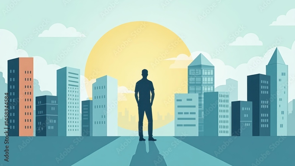 Transparency And Equality In Government. Silhouette of confident businessman standing on rooftop overlooking modern city skyline at sunrise in vibrant blue and yellow hues for motivation and success Transparency And Equality In Government. Silhouette of confident businessman standing on rooftop overlooking modern city skyline at sunrise in vibrant blue and yellow hues for motivation and success