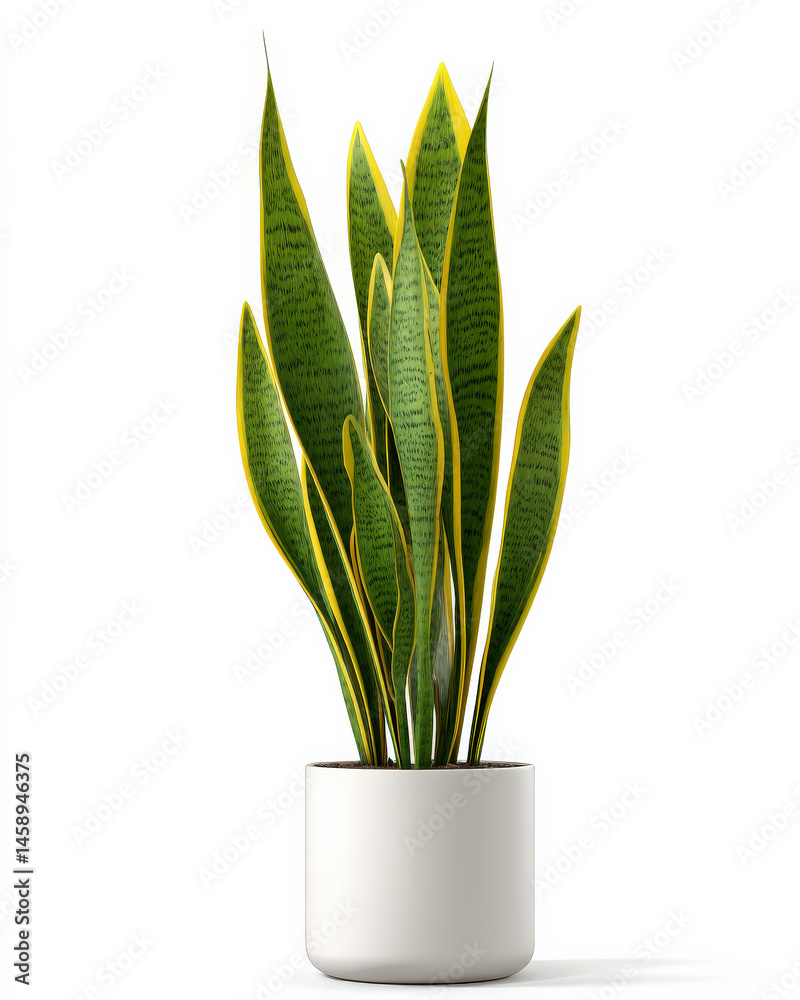 A vibrant sansevieria trifasciata, also known as a snake plant, thrives in a simple white pot, showcasing its striking green and yellow leaves against a clean white background. A vibrant sansevieria trifasciata, also known as a snake plant, thrives in a simple white pot, showcasing its striking green and yellow leaves against a clean white background.