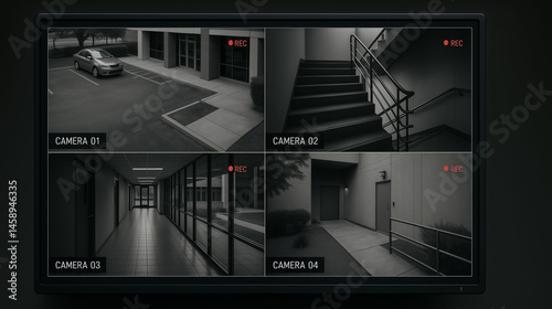 Cctv monitor screen in control room showing security camera views of different areas of the house for security surveillance and home safety monitoring