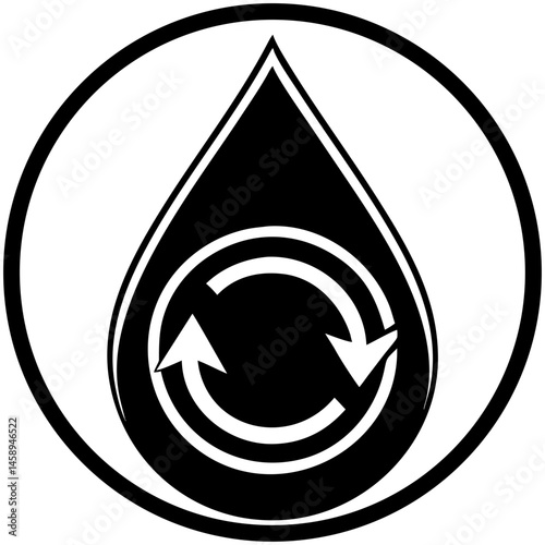 Minimalist water droplet with recycling symbol in black and white  