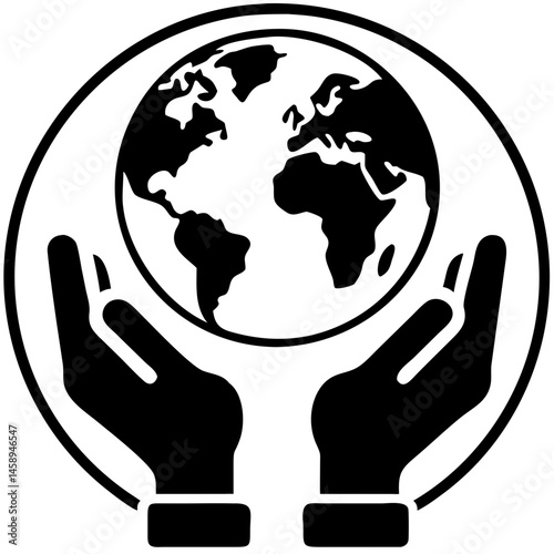 Minimalist icon of hands holding the Earth in a circular design  