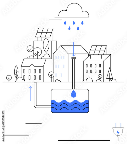 Rainwater collected from rooftops flows into an underground tank, powered by solar energy. Ideal for sustainability, water conservation, eco-friendly living, renewable energy, urban planning, green