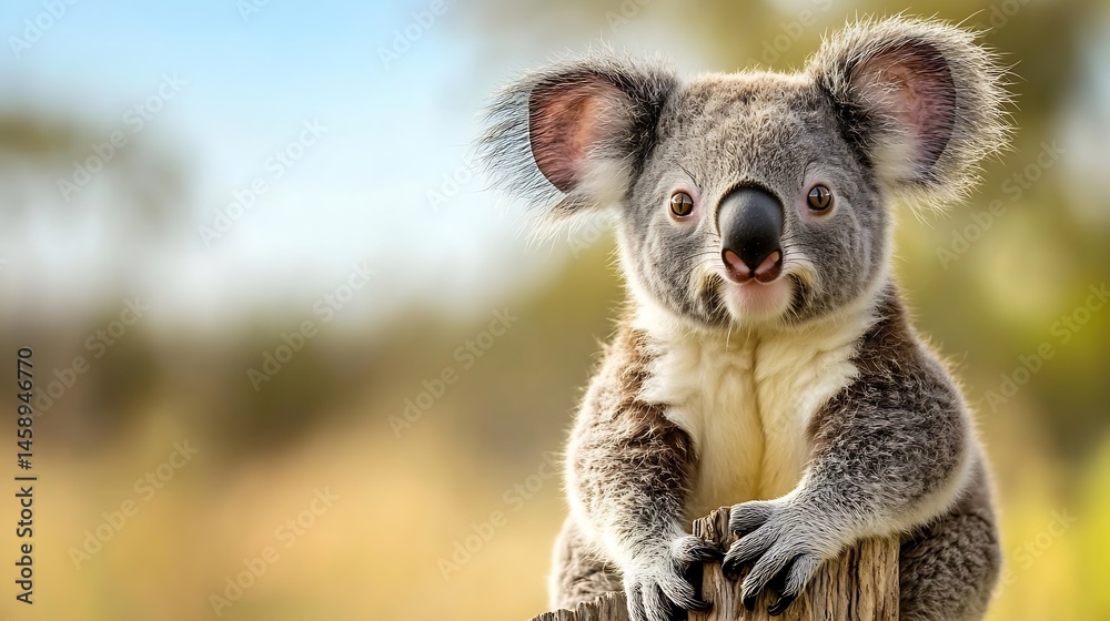 Fototapeta premium Adorable koala joey perched on weathered wood, gazing directly at the camera against a softly blurred natural background of golden and blue hues. : Generative AI