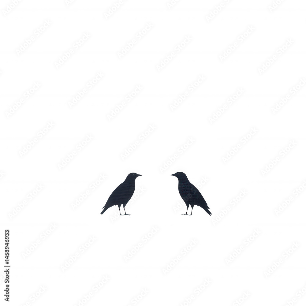 Obraz premium Two stylized ravens facing each other on a white isolated background, showcasing their distinct feathers and features, perfect for art and nature-themed designs.