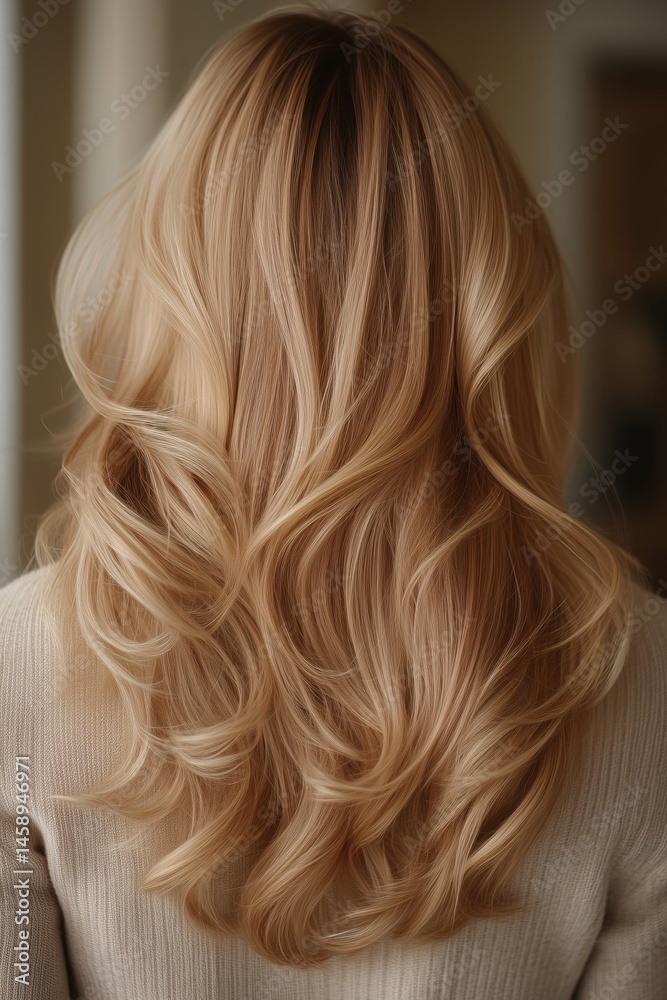 Blonde woman displaying her long, wavy hair from behind, creating an enchanting view of healthy, styled tresses that exude elegance and luxurious beauty Blonde woman displaying her long, wavy hair from behind, creating an enchanting view of healthy, styled tresses that exude elegance and luxurious beauty