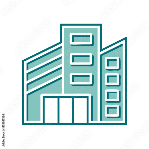 Minimalist icon of a stylized office building in blue tones  