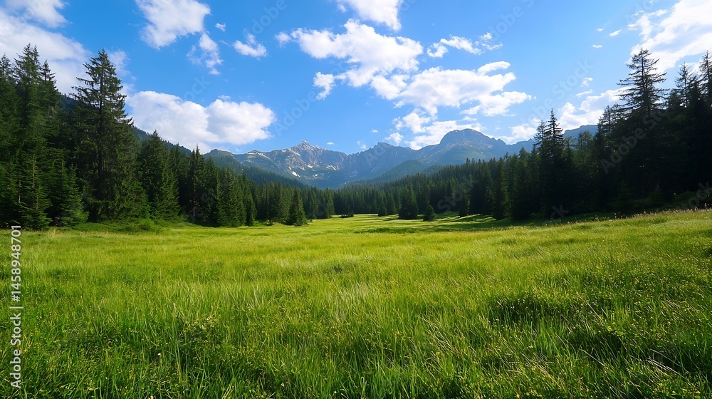 Fototapeta premium Serene mountain valley landscape featuring a lush green meadow, surrounded by a dense coniferous forest and majestic rocky peaks under a vibrant blue sky with fluffy clouds. : Generative AI