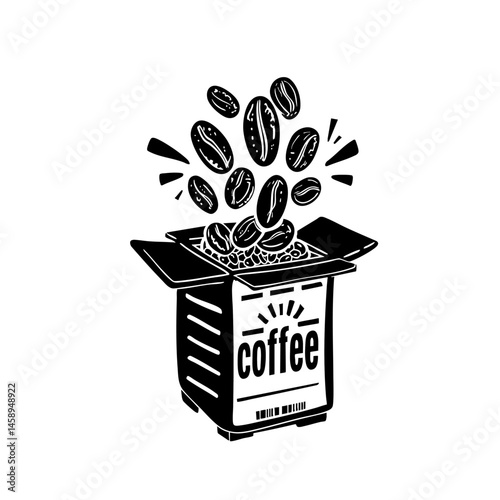 A cute minimal black and white graphic design illustration vector of coffee beans, full inside an open box in cartoon 1930s packaging style with some dynamic movement around the plastic container