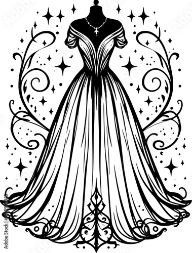 A black and white illustration of a dress on a mannequin with stars and floral decorations around it