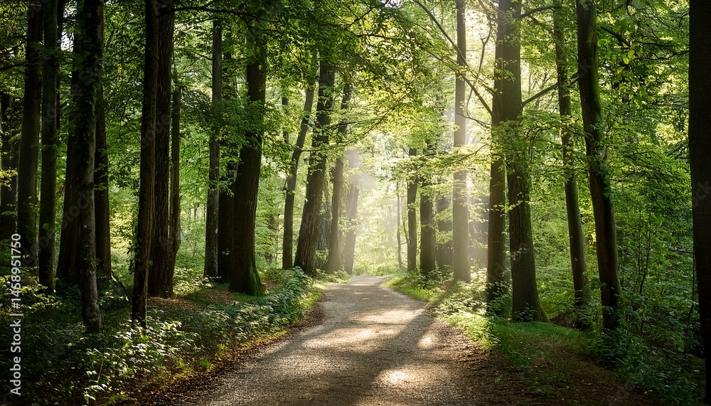 Fototapeta premium forest path lit by gentle sunlight as it winds through a tranquil grove of trees vertical