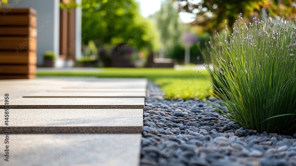Fototapeta premium Modern garden pathway with beige stone slabs, dark grey pebbles, and lush green grass bordering a contemporary house. : Generative AI