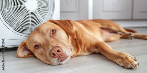 Obraz na płótnie Dog Relaxing with Fan on Warm Day for Comfort w salonie
