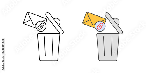 Deleting email attachments icon showing a paperclip and message being trashed, representing digital decluttering in outline and color  styles.