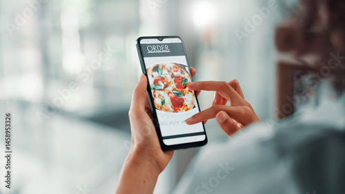 Business, hands and phone screen for food delivery order with menu option, online shopping and lunch break. Woman, space and scroll with smartphone for pizza app and brunch takeout choice in office