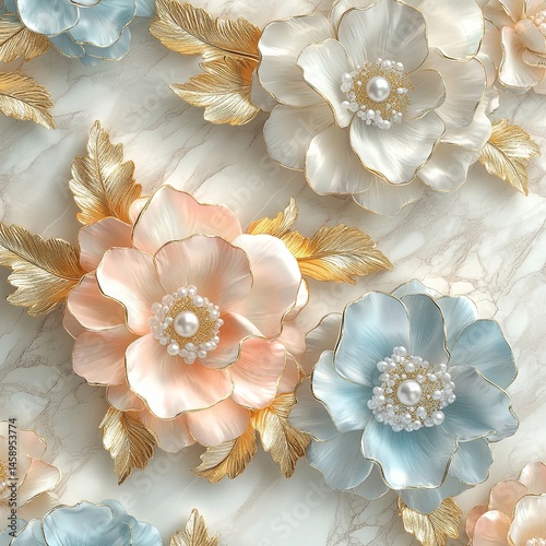 Delicate Pearl Blooms:  A cluster of  delicate, iridescent, handmade flower embellishments adorned with pearlescent accents and delicate golden leaf details, showcasing exquisite craftsmanship.  