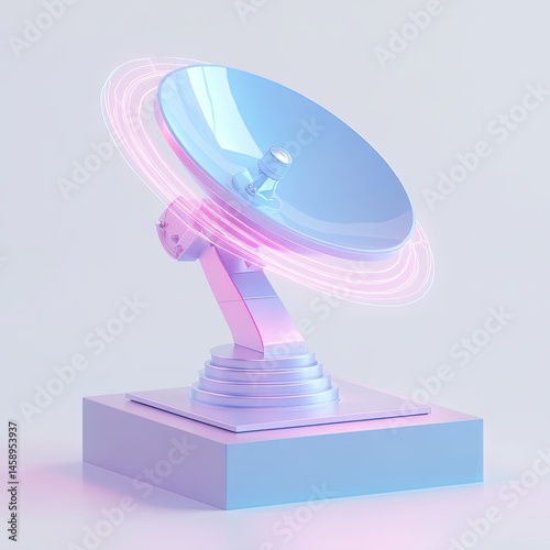 Pastel Satellite Dish: Futuristic pastel-colored satellite dish on a minimalist base, emitting a soft, neon glow.  The design is sleek and modern.