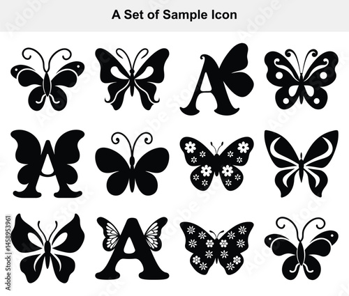 Black butterfly silhouette with decorative variations on white background
