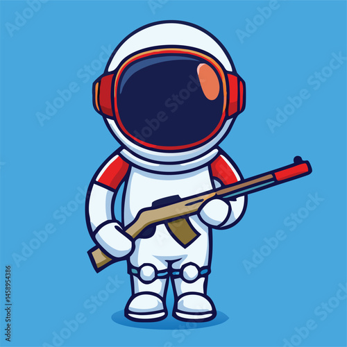 Astronaut wielding an assault rifle stands boldly against the vibrant blue, creating a unique visual