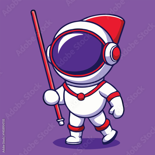 Cartoon astronaut strides purposefully, holding a flagstaff against the vibrant purple background