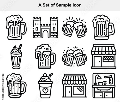 Black line art displays different building and beverage icons