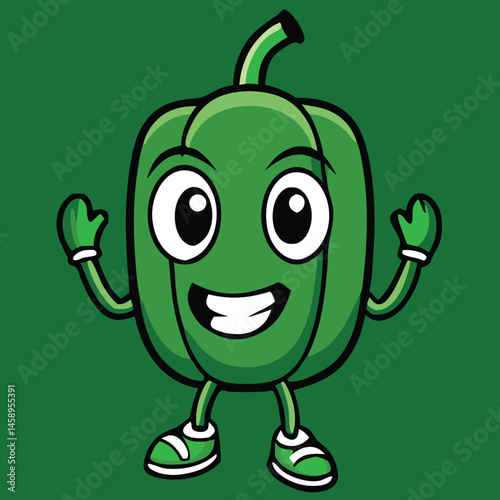 Cheerful green bell pepper cartoon character wearing sneakers stands against a green background