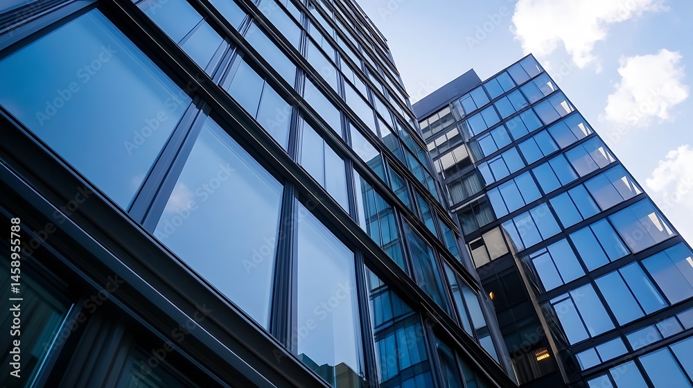 Modern glass skyscrapers reflecting blue sky, showcasing architectural design and urban development. The image depicts a low-angle view of two buildings with sleek, dark frames. : Generative AI Modern glass skyscrapers reflecting blue sky, showcasing architectural design and urban development. The image depicts a low-angle view of two buildings with sleek, dark frames. : Generative AI