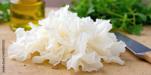 Tremella fuciformis mushroom on a wooden cutting board. Chinese gelatinous fungi. Snow fungus.	