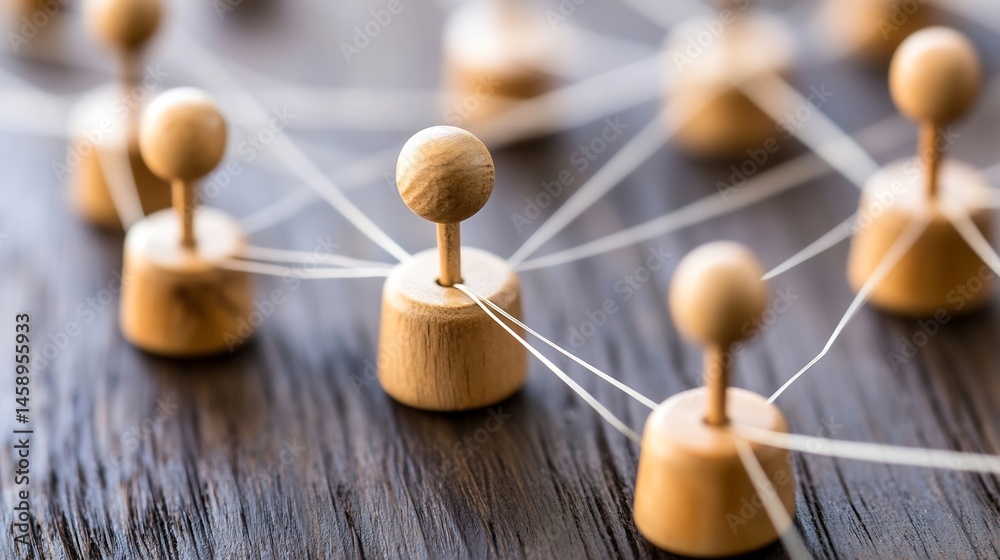 Obraz premium Wooden spheres interconnected by thin strings, representing a network or connection on a dark wooden surface. A visual metaphor for teamwork, collaboration, or global communication. : Generative AI