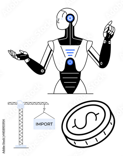 Futuristic robot gesturing ideas beside a construction crane with an import load and a coin symbolizing economy. Ideal for AI, automation, trade, robotics, economy, logistics, simple landing page